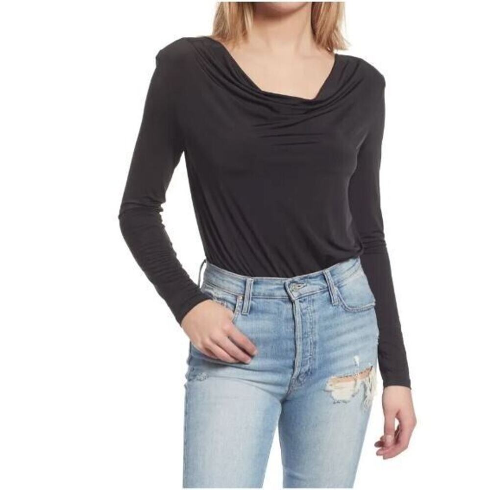 WAYF Womens Solano Ruched Long Sleeve Cowl Neck Bodysuit in Black Small MSRP $78